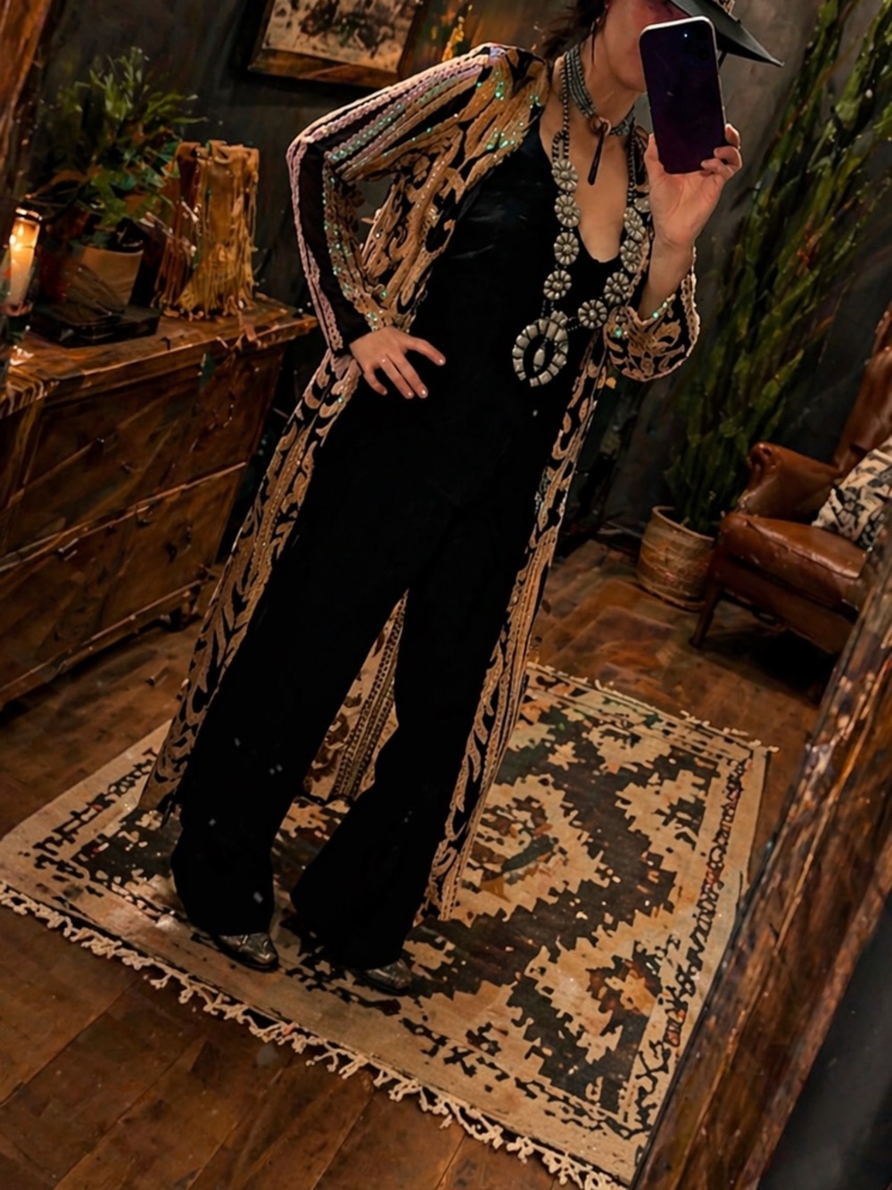 Embroidered Black & Tan Longline Duster Blazer